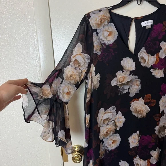 Calvin Klein V-Neck 3/4 Sleeve Crinkled Chiffon Floral Shift Dress Size 8 - Picture 4 of 7